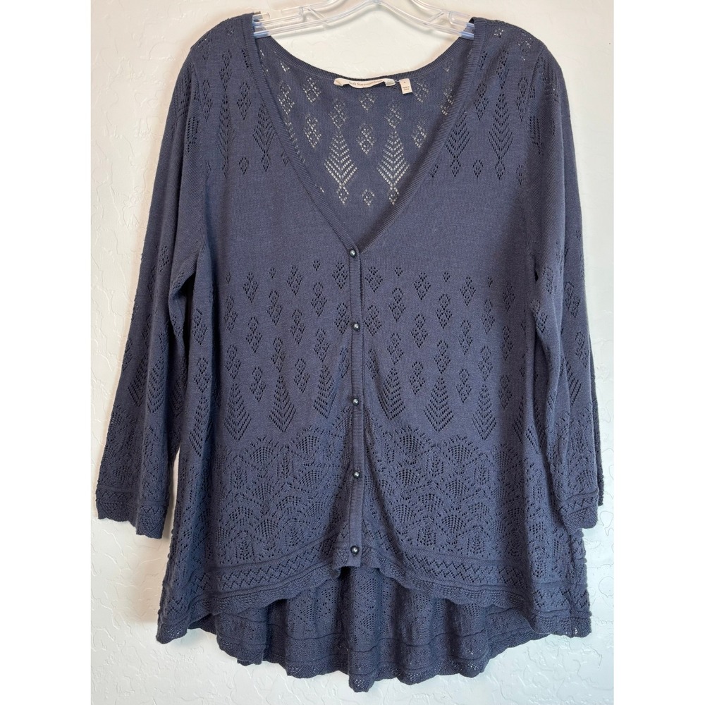 Soft Surroundings Navy Blue‎ Lace Knit Cardigan Sweater Size L 3/4 Sleeve 2061